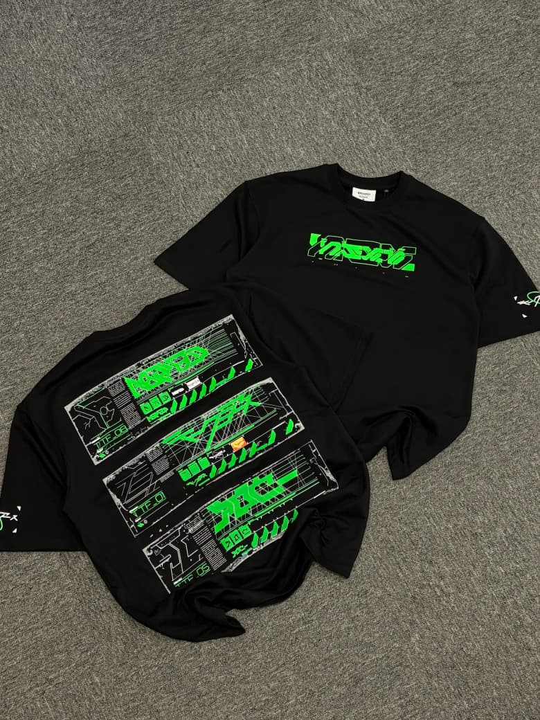 Glitch Code Graphic Oversized T-Shirt – Black/Neon Green